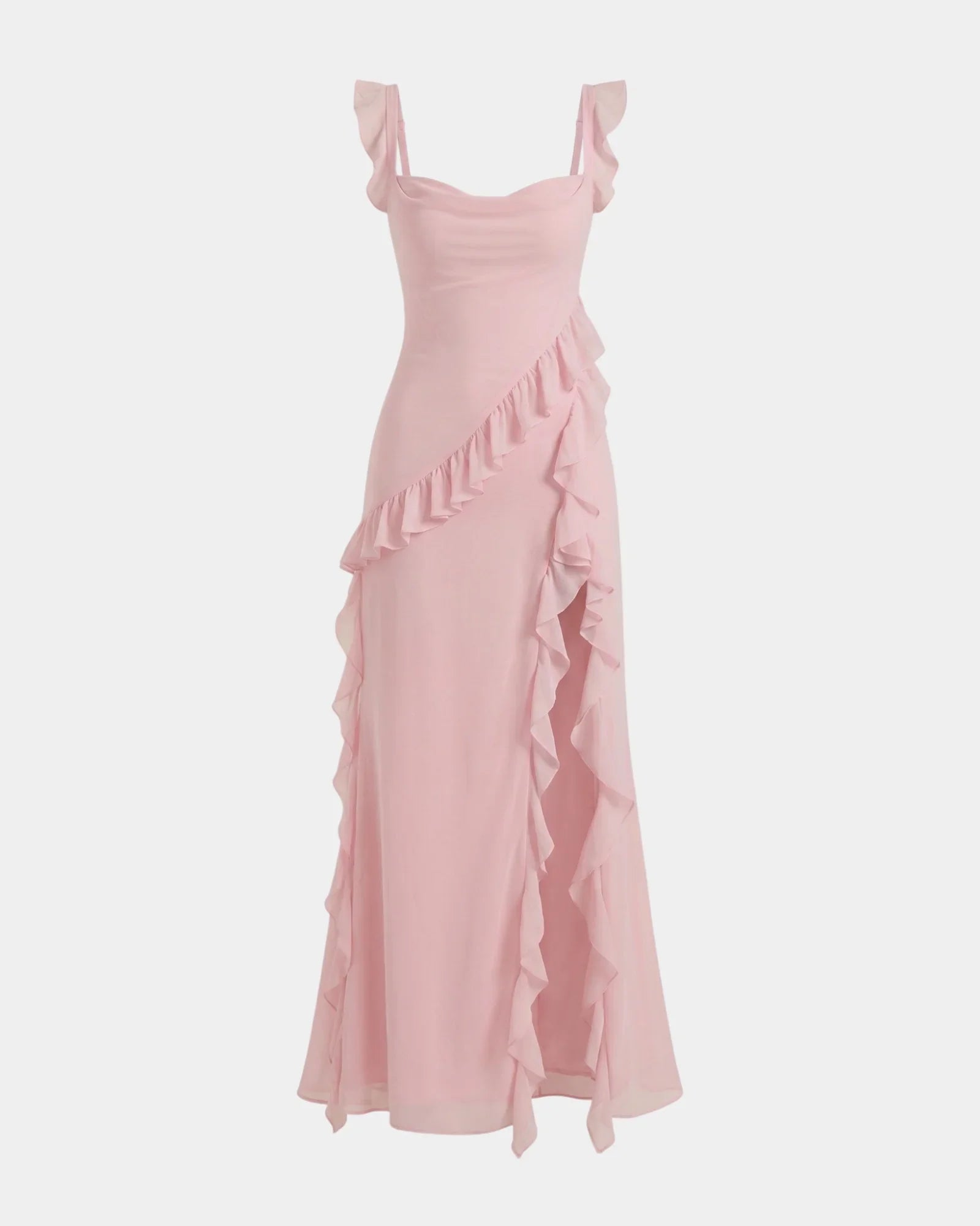Light pink long dress with ruffled layered skirt and sleeveless square neckline