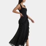 Black long dress with layered ruffles and side slit, sleeveless square neckline
