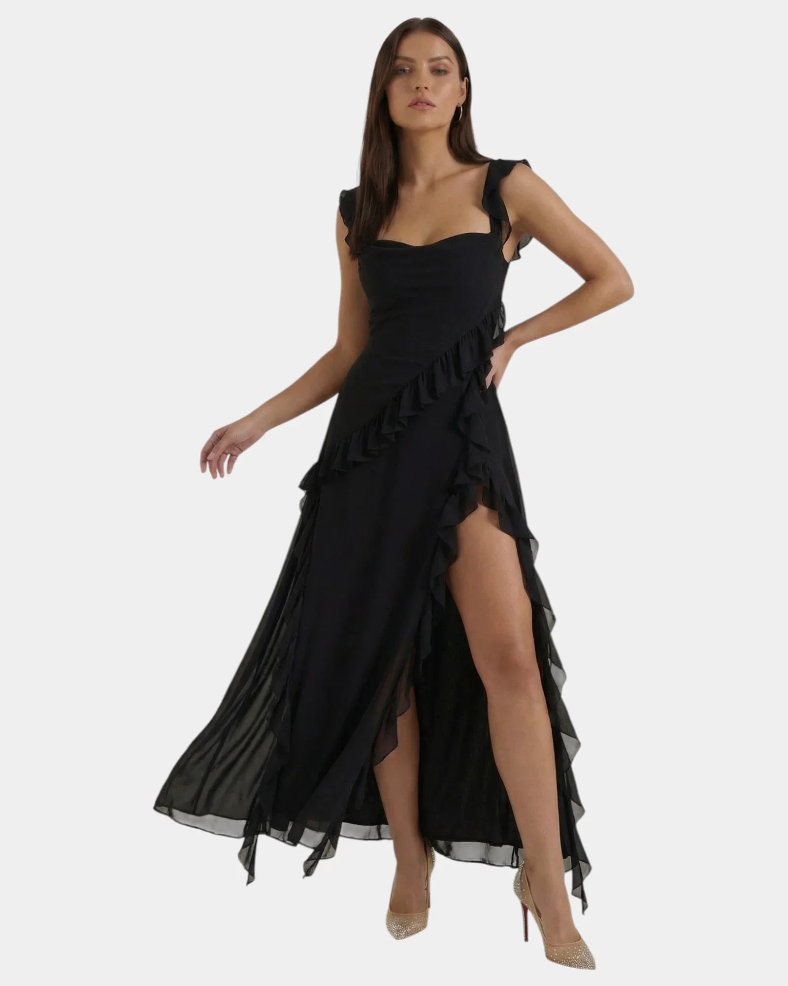 Black long dress with ruffle bodice, layered skirt, and side slit, sleeveless