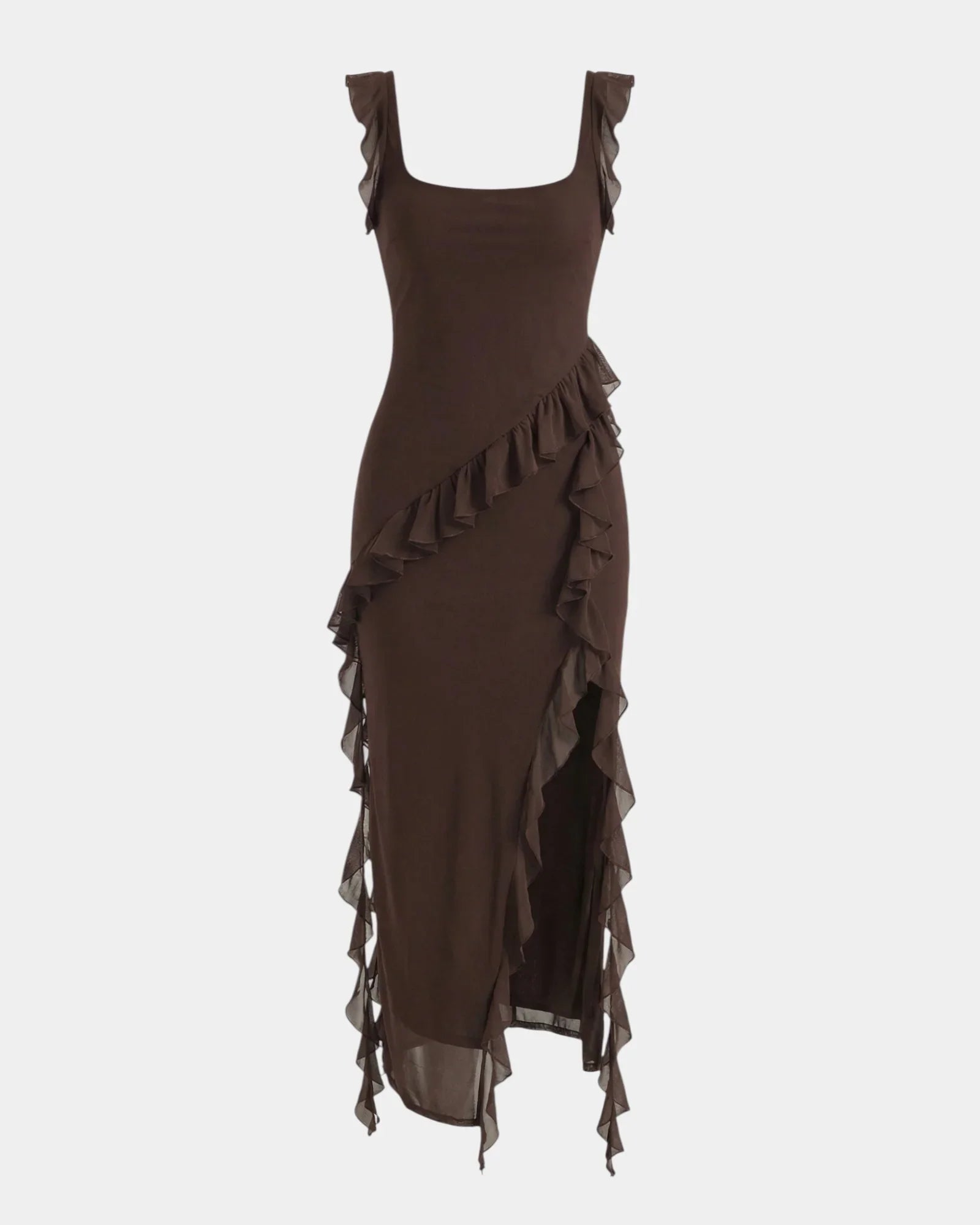 Brown fitted long dress with square neckline and ruffle detail