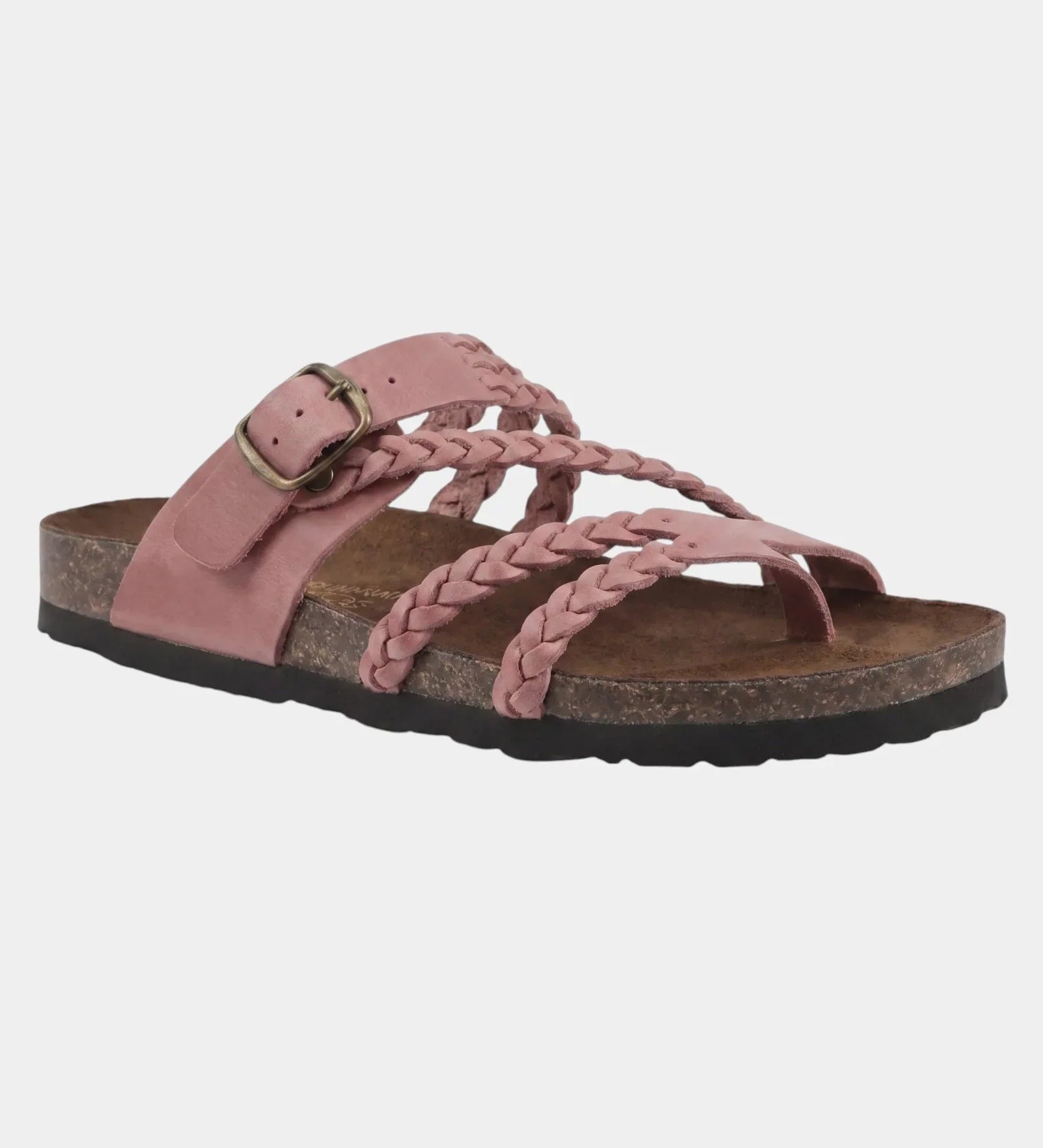 Orthopedic sandals in dusty pink with braided crisscross straps and adjustable buckle