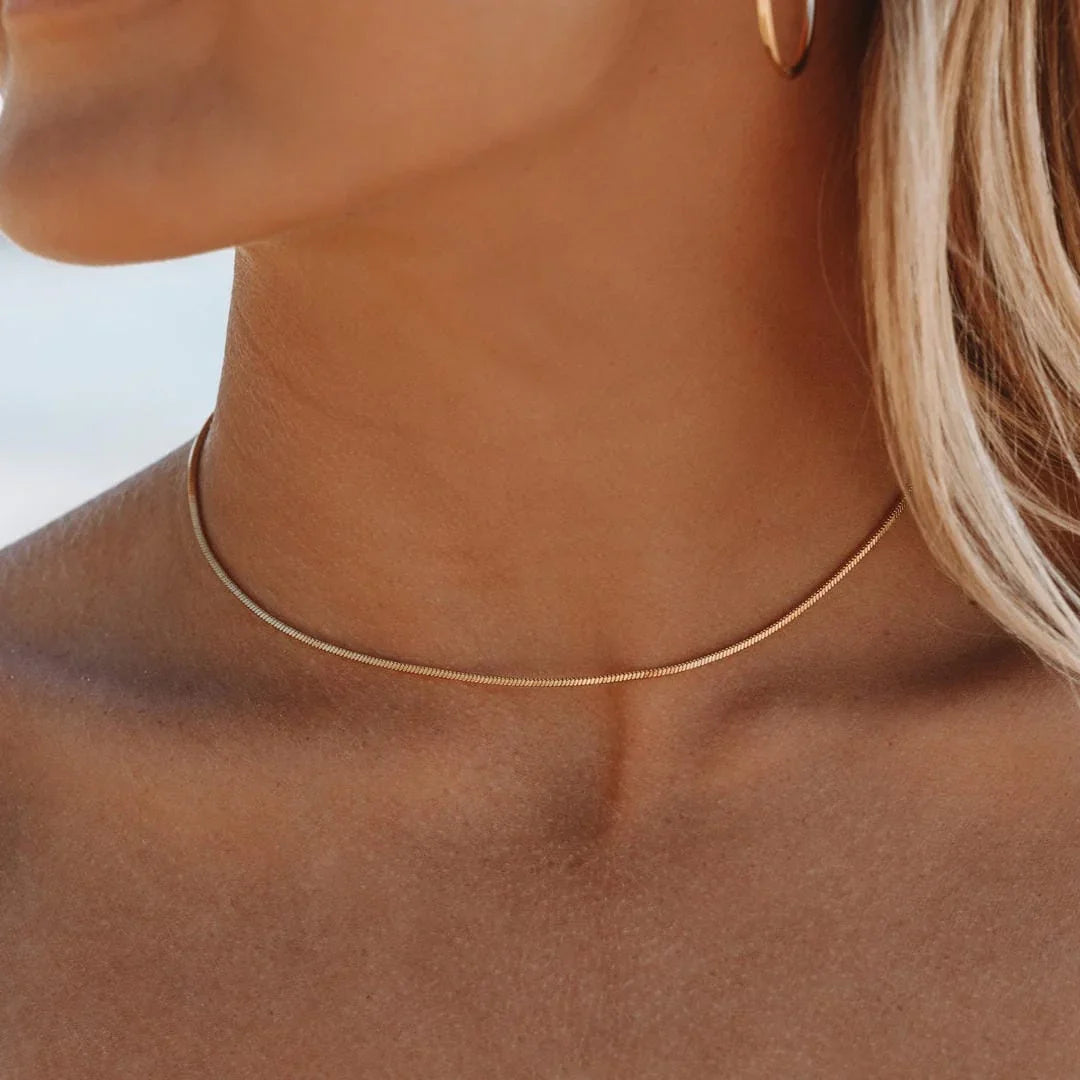 Gold snake choker necklace with fine slim chain around the neck
