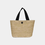 Knitted tote bag with black handles and black button front, beige woven texture