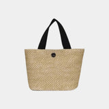 Knitted tote bag with black handles and black button front, beige woven texture