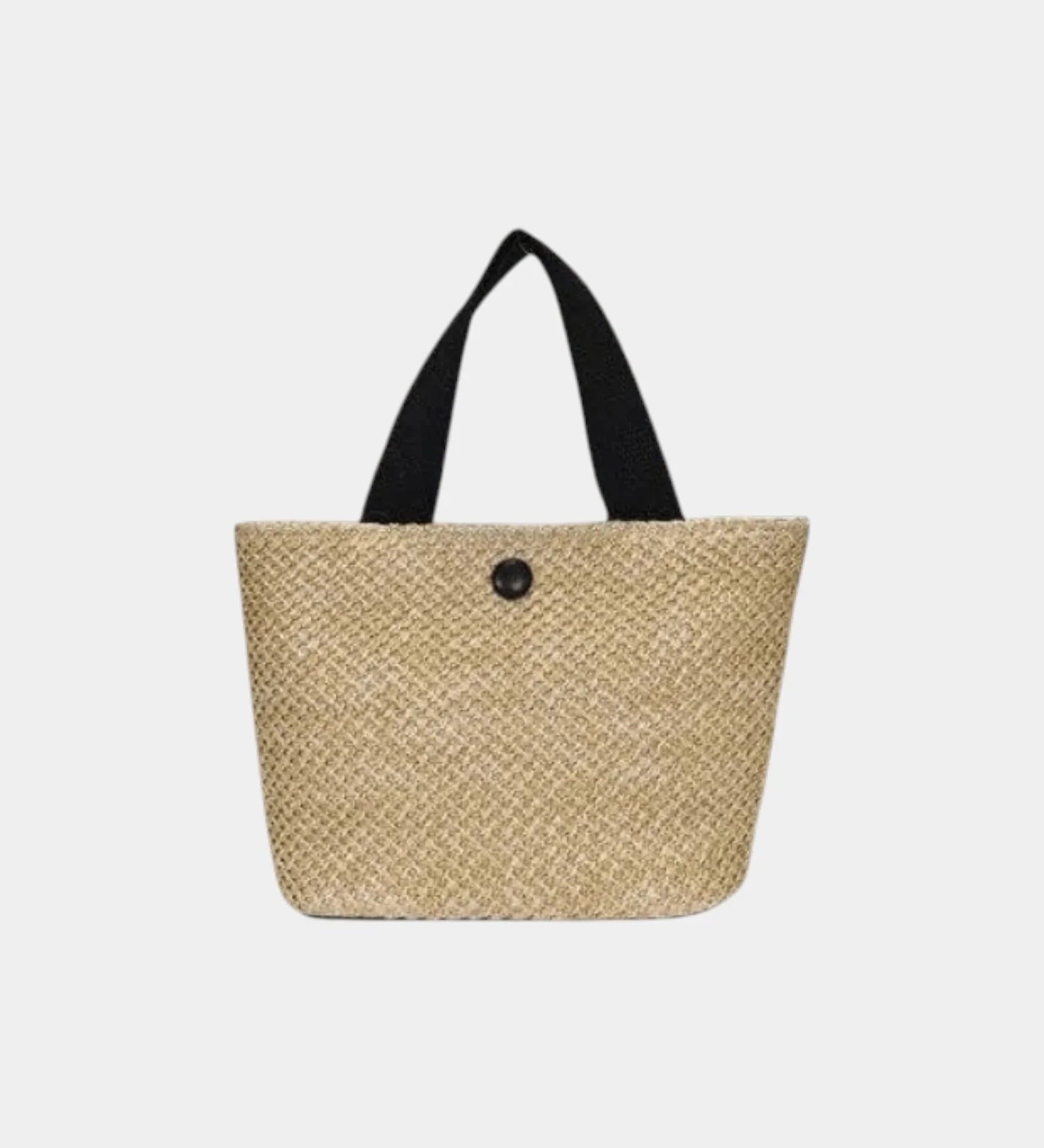 Knitted tote bag with black handles and black button front, beige woven texture