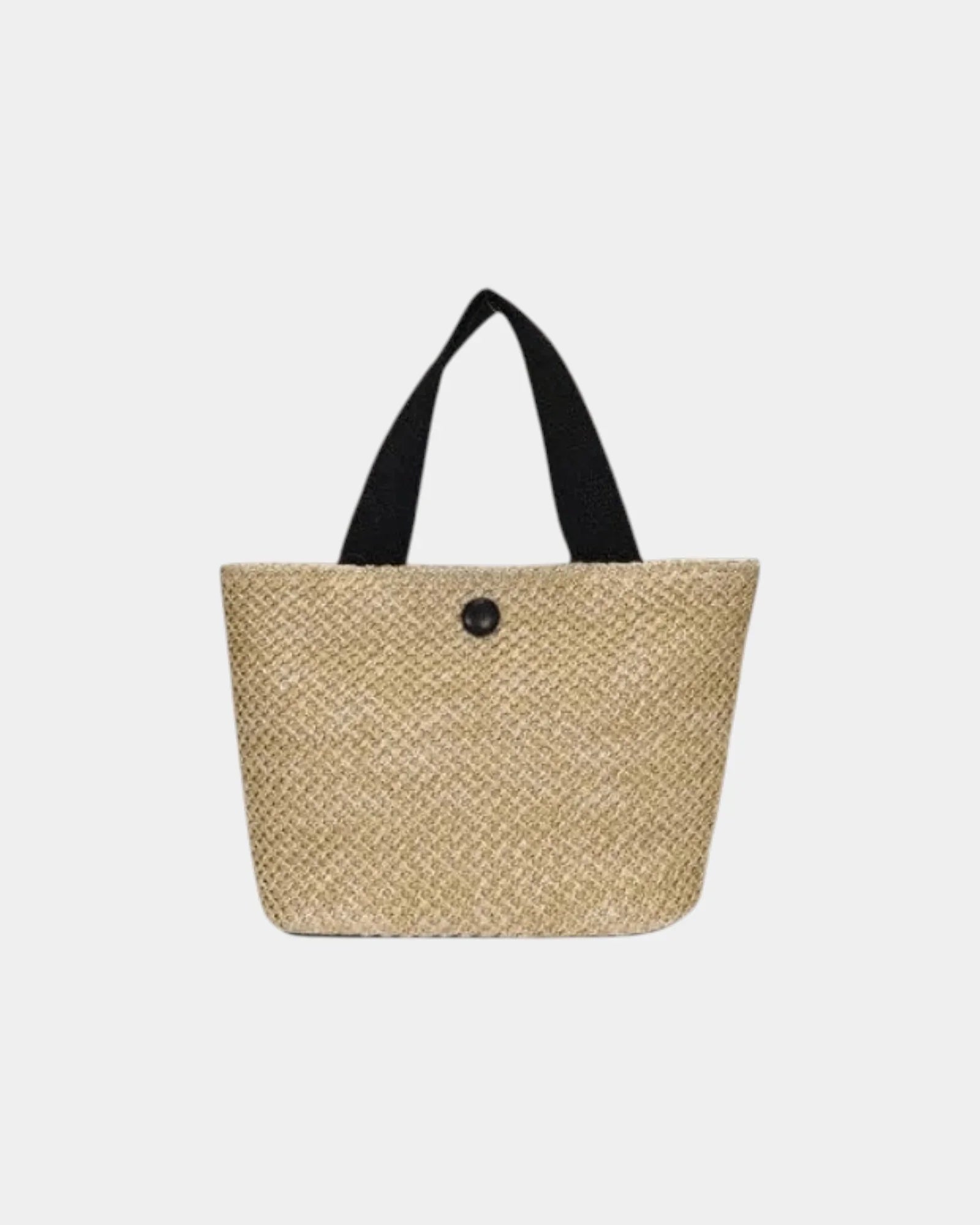 Knitted tote bag with black handles and black button front, beige woven texture
