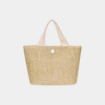 Knitted tote bag with light pink handles and white button front, beige woven texture