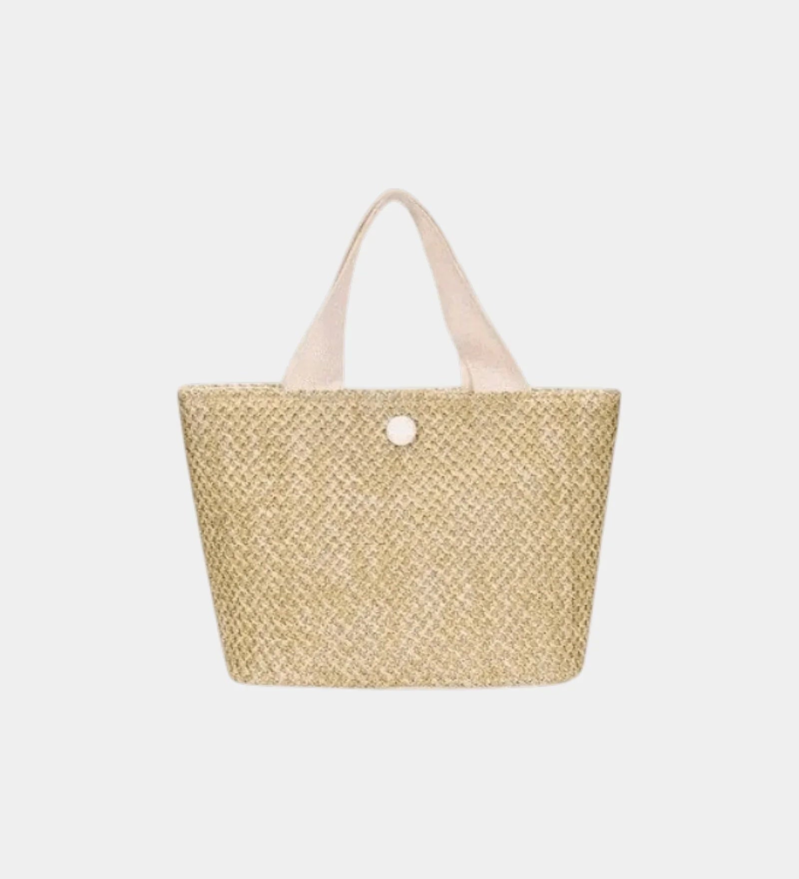 Knitted tote bag with light pink handles and white button front, beige woven texture