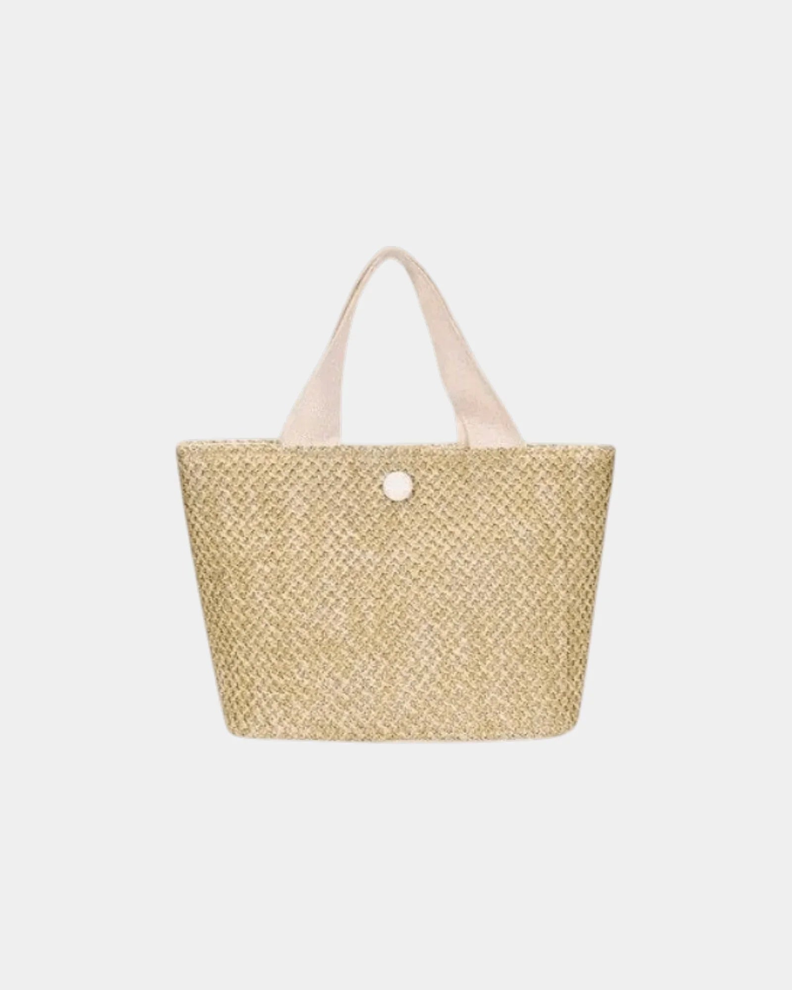 Knitted tote bag with light pink handles and white button front, beige woven texture