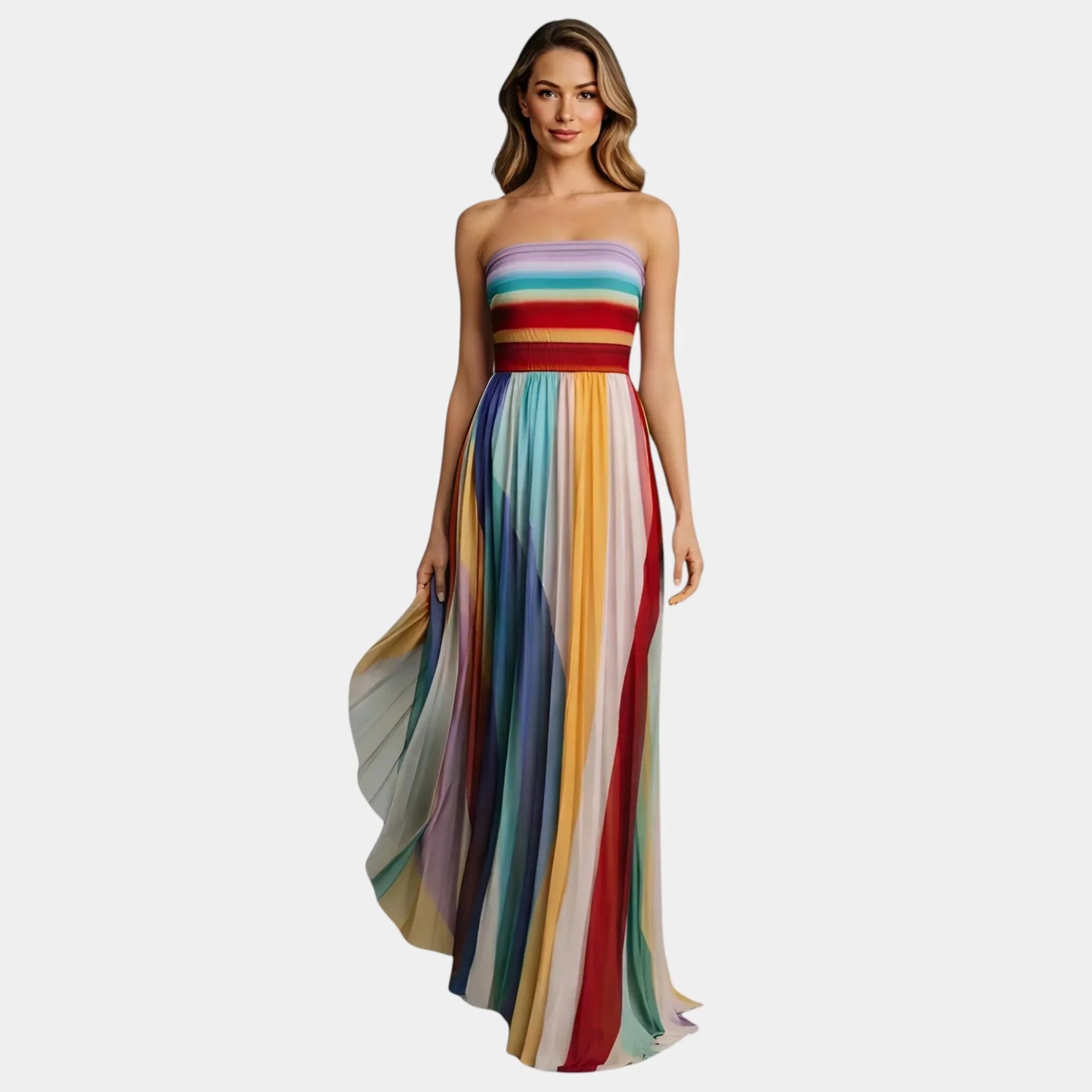Sleeveless striped maxi dress with rainbow bands and flowing skirt