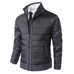 Dark gray puffer jacket with knit sleeves and stand collar, full zipper front