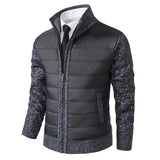 Dark gray puffer jacket with knit sleeves and stand collar, full zipper front