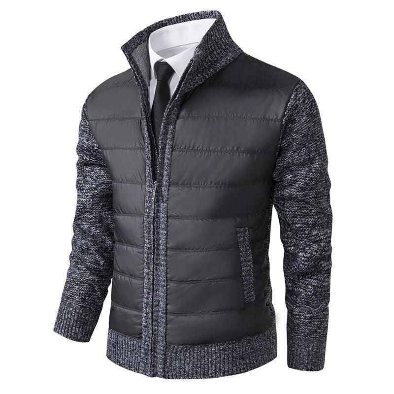 Dark gray puffer jacket with knit sleeves and stand collar, full zipper front