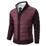 Wine red puffer jacket with knit sleeves and stand collar, full zipper, front pocket