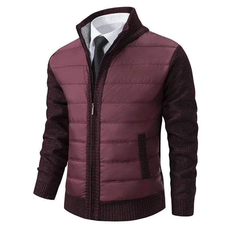 Wine red puffer jacket with knit sleeves and stand collar, full zipper, front pocket