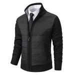 Black puffer jacket with knit sleeves and ribbed hem, stand collar, full zipper