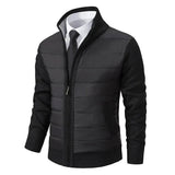 Black puffer jacket with knit sleeves and ribbed hem, stand collar, full zipper