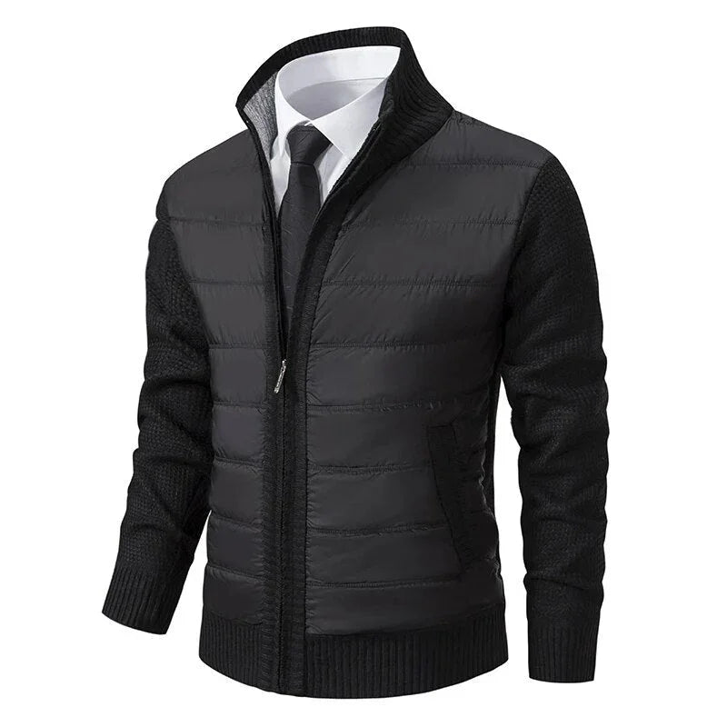 Black puffer jacket with knit sleeves and ribbed hem, stand collar, full zipper