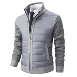 Light gray puffer jacket with knit sleeves and stand collar, full zipper, front pocket