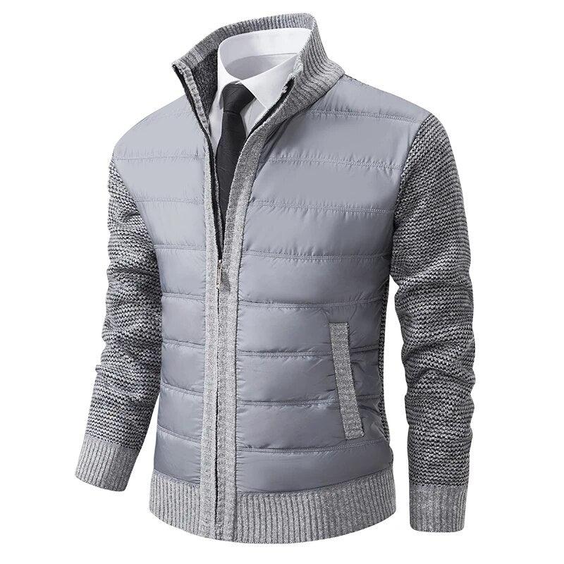 Light gray puffer jacket with knit sleeves and stand collar, full zipper, front pocket
