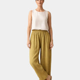 Olive cotton-linen wide-leg pants with elastic waist and relaxed drape