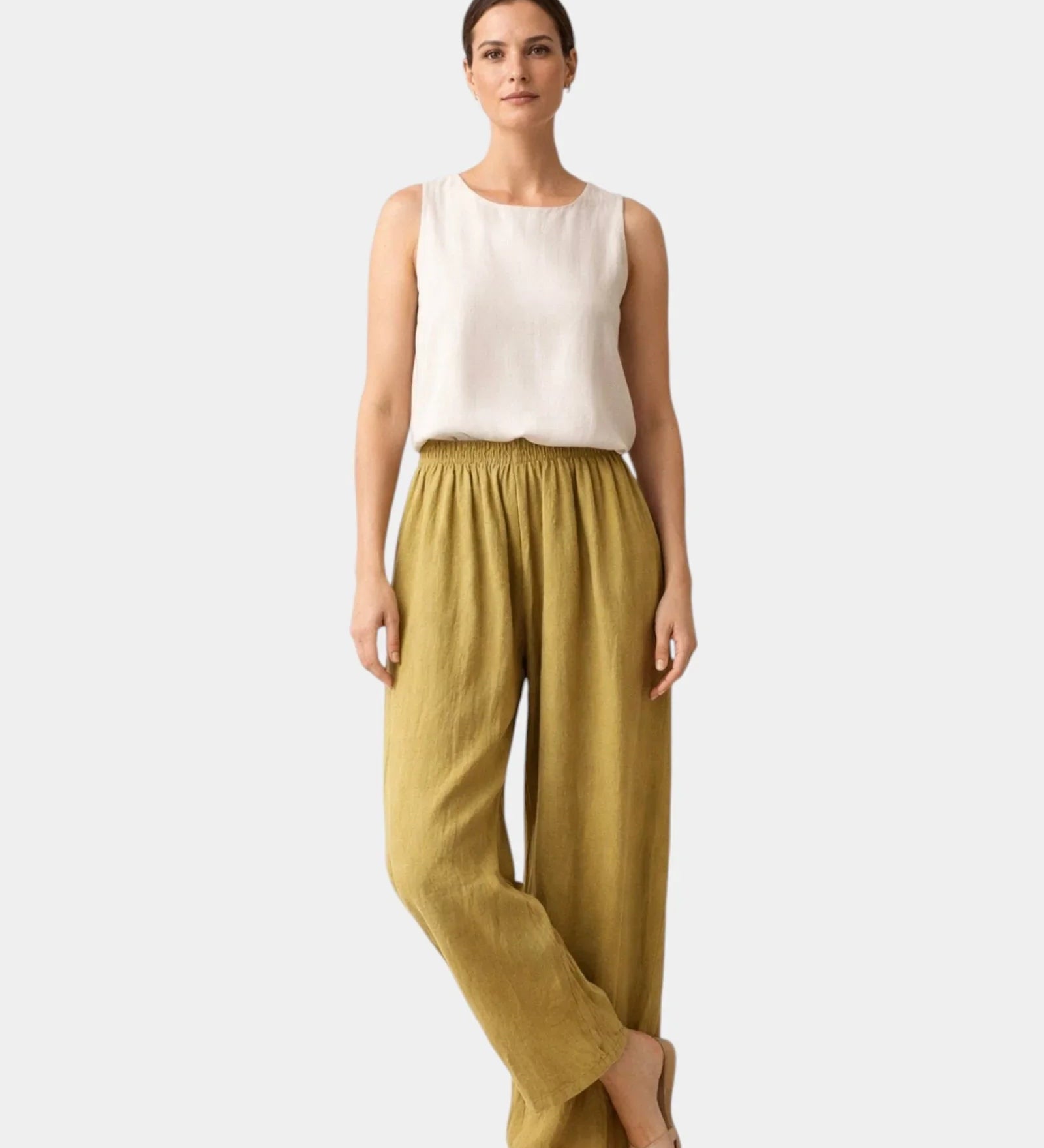 Olive cotton-linen wide-leg pants with elastic waist and relaxed drape