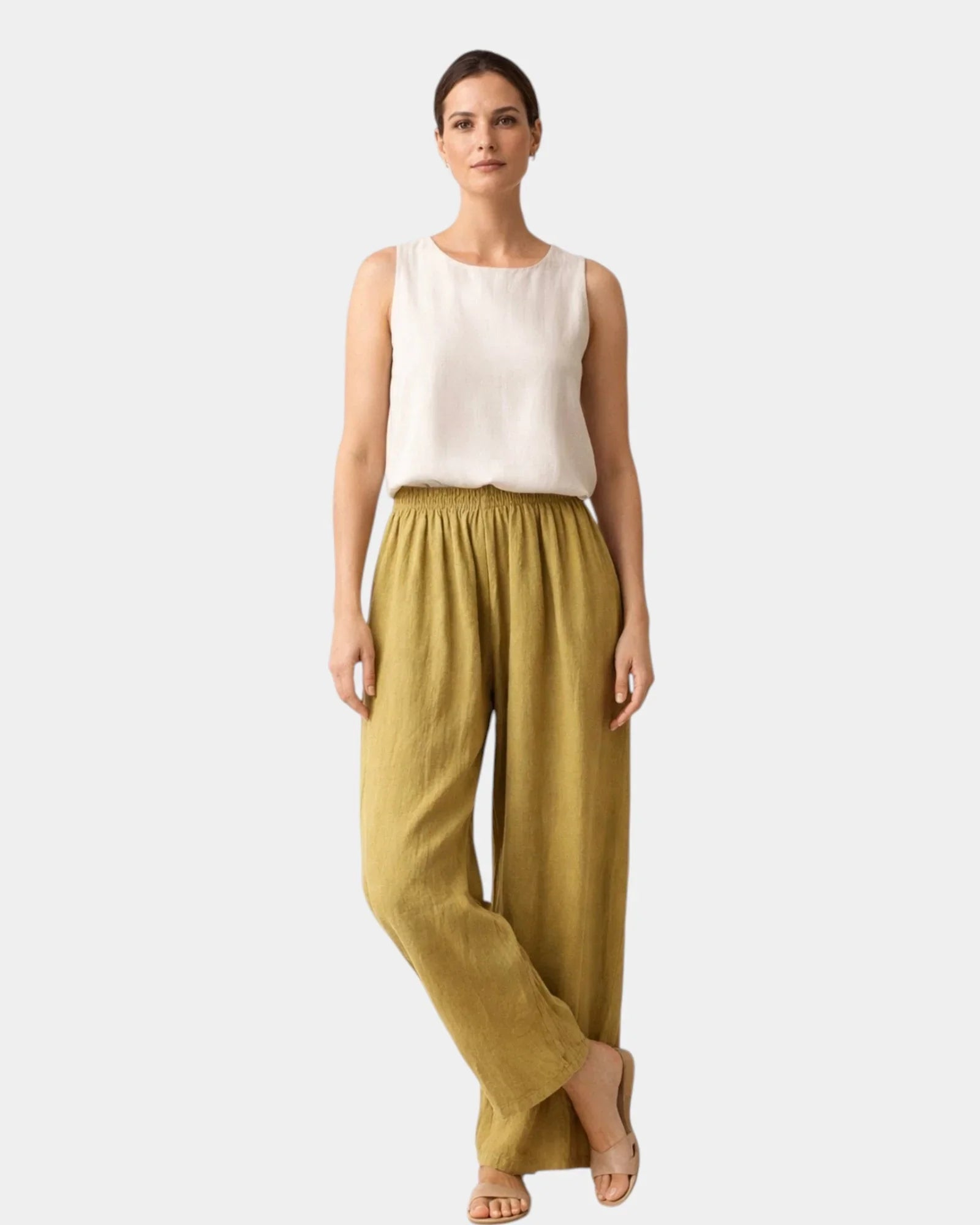 Olive cotton-linen wide-leg pants with elastic waist and relaxed drape