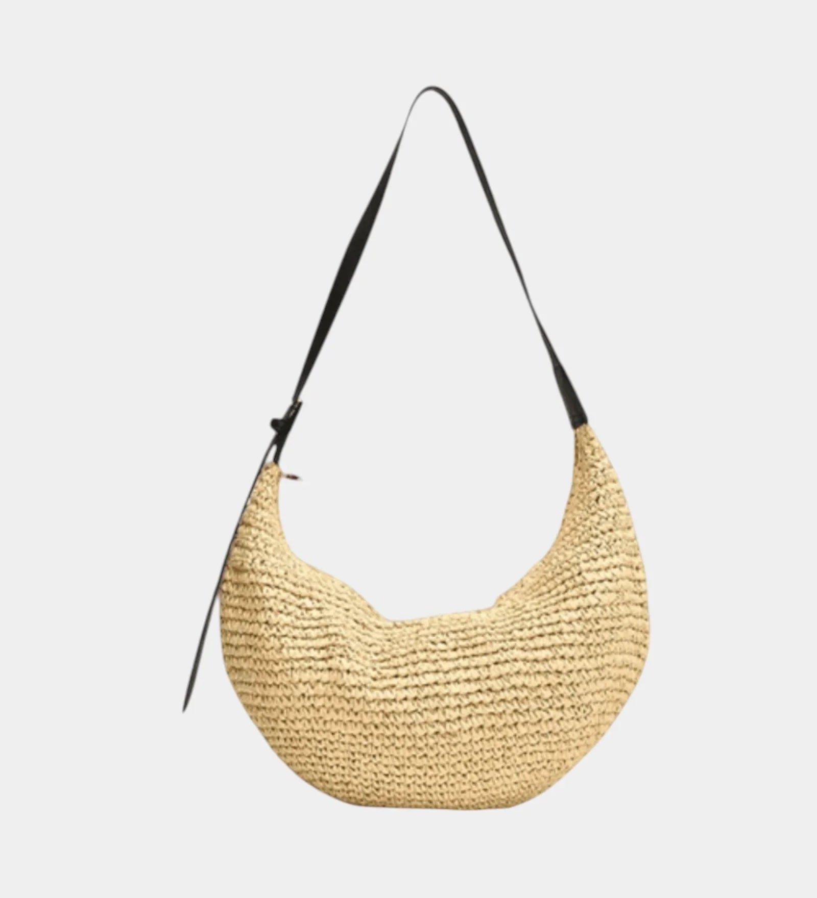 Woven hobo style shoulder bag in light beige with long handles and suede-like straps