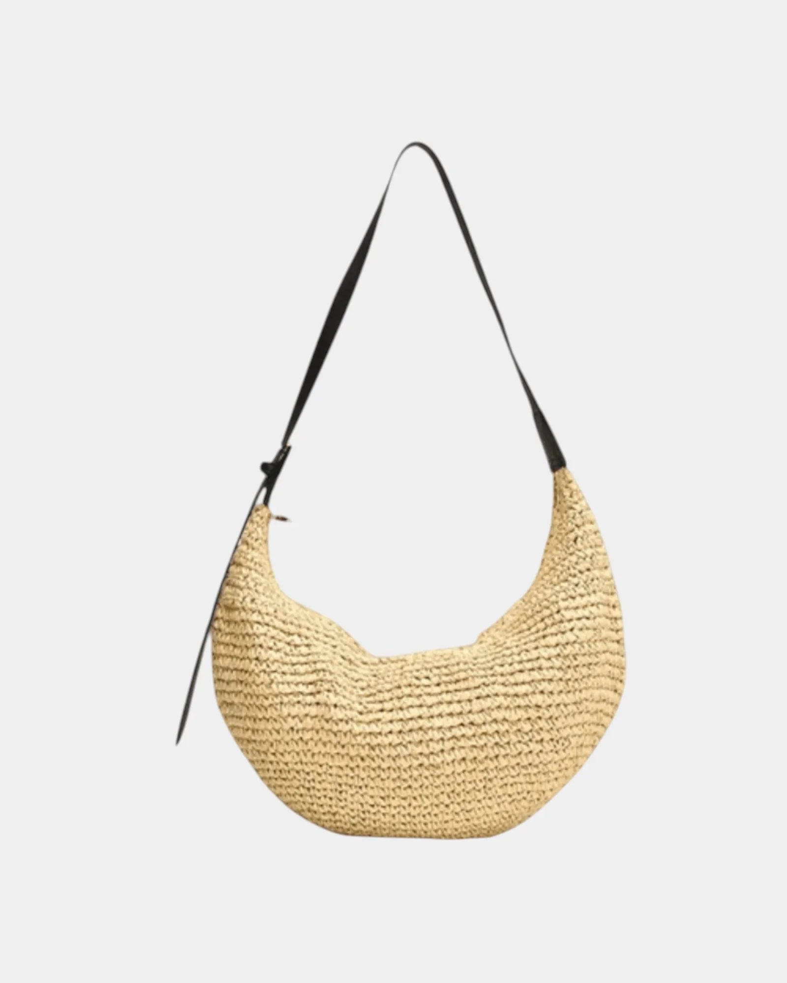 Woven hobo style shoulder bag in light beige with long handles and suede-like straps
