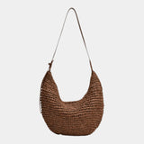 Woven hobo style shoulder bag in coffee brown with long handles and suede-like straps