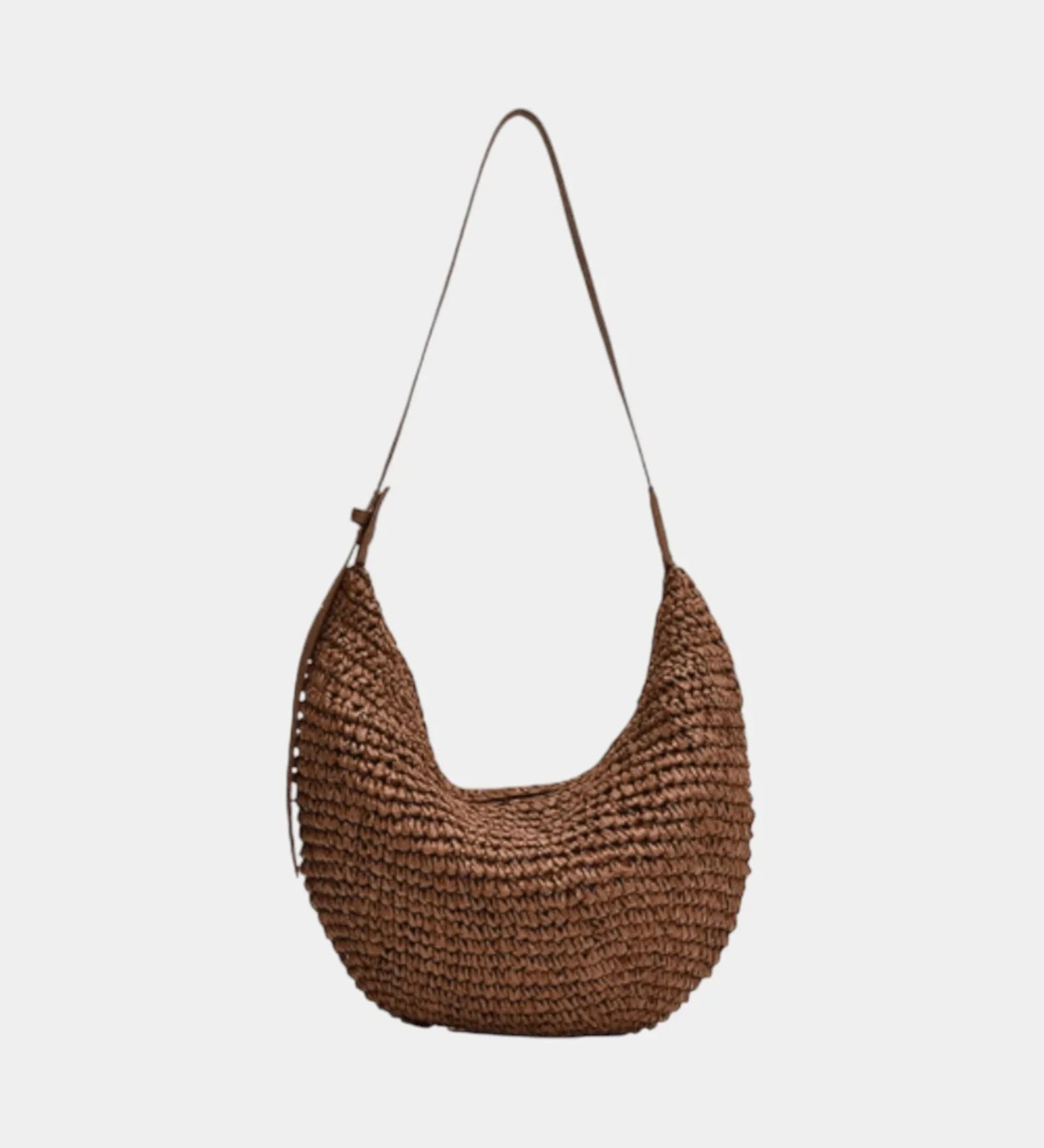 Woven hobo style shoulder bag in coffee brown with long handles and suede-like straps