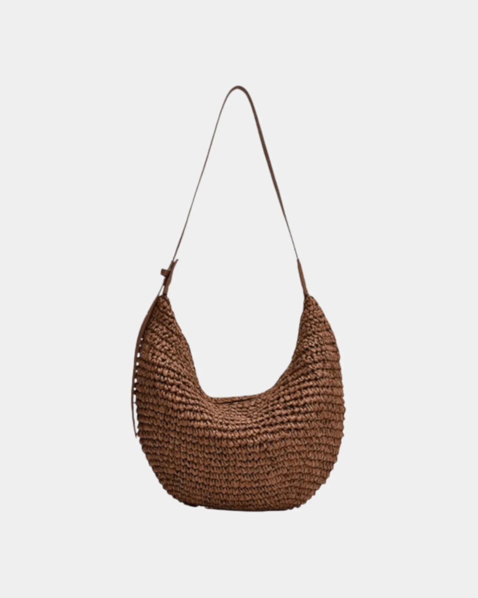 Woven hobo style shoulder bag in coffee brown with long handles and suede-like straps