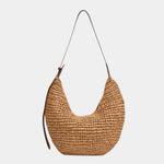 Woven hobo style shoulder bag in dark tan with long handles and suede-like straps