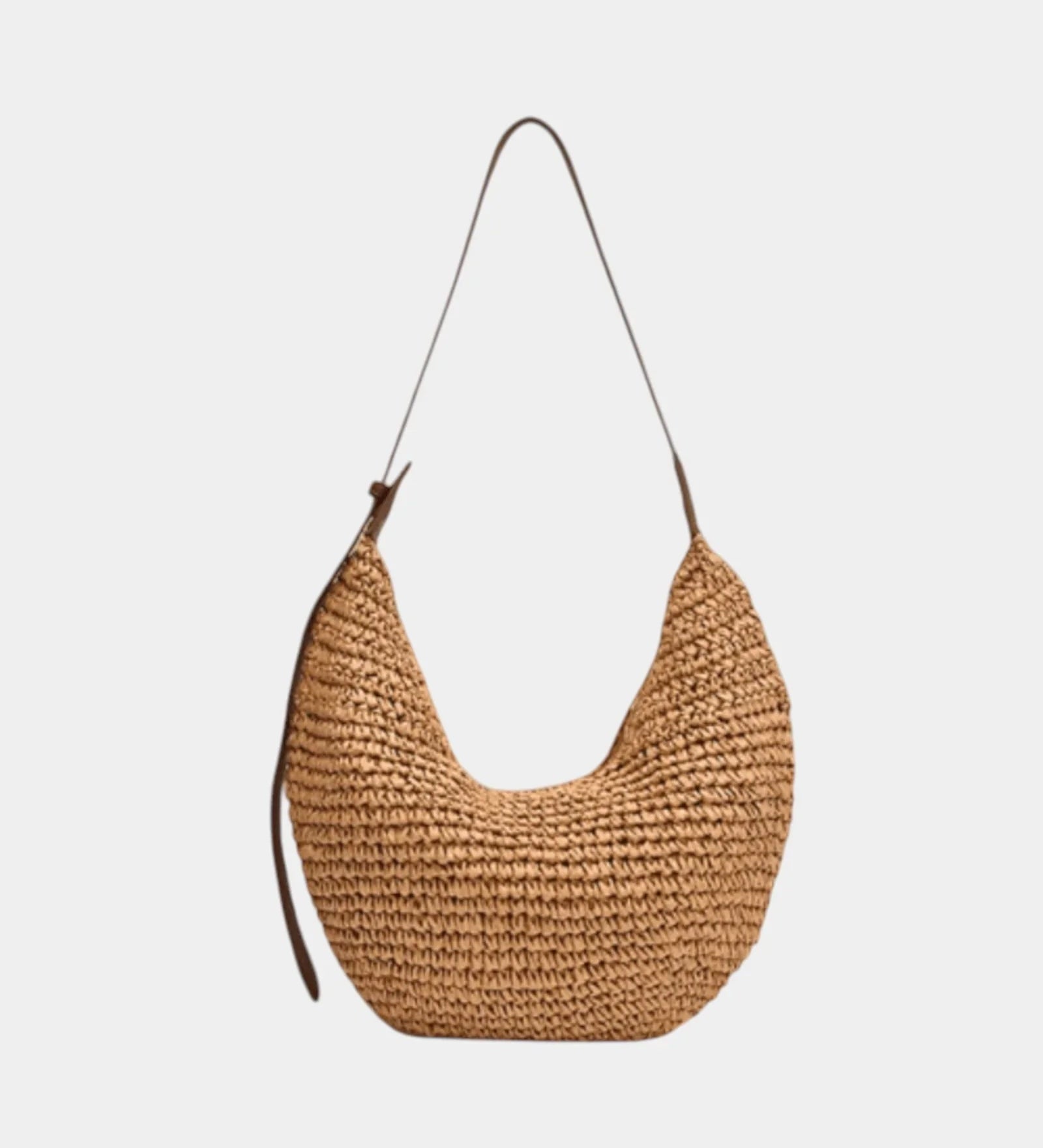 Woven hobo style shoulder bag in dark tan with long handles and suede-like straps