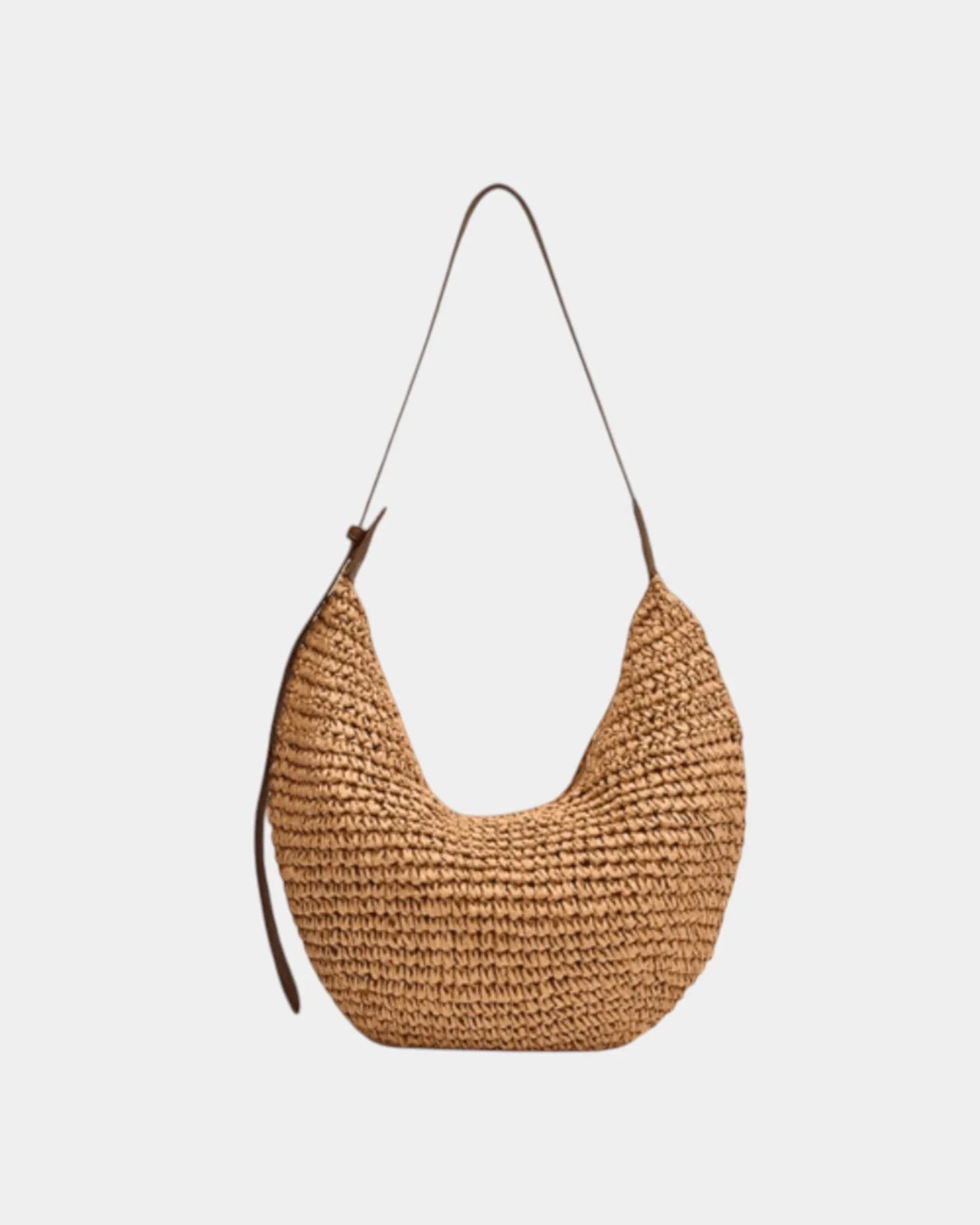 Woven hobo style shoulder bag in dark tan with long handles and suede-like straps