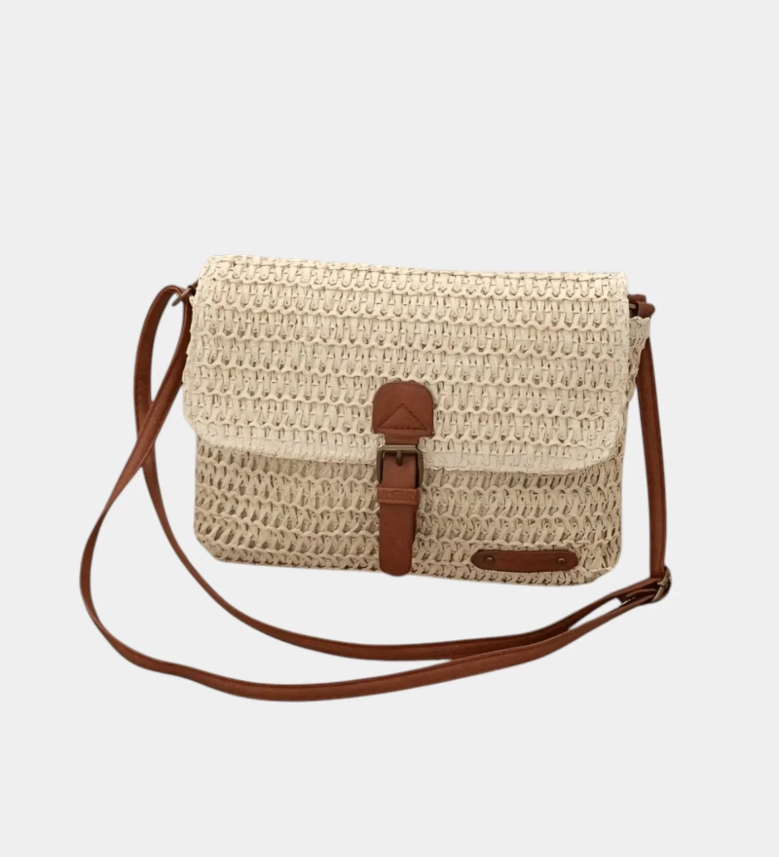 Beige knit crossbody bag with flap and brown leather accents, shoulder strap