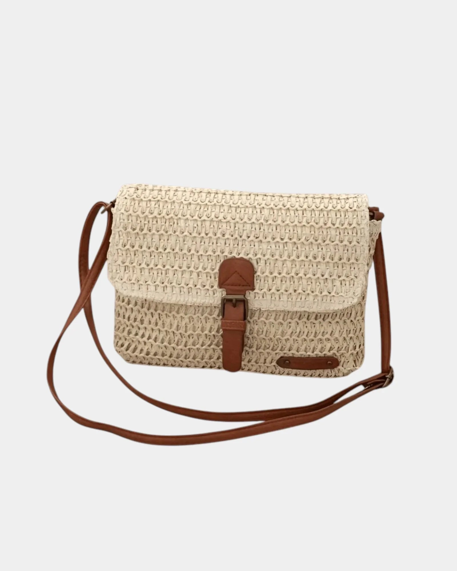 Beige knit crossbody bag with flap and brown leather accents, shoulder strap