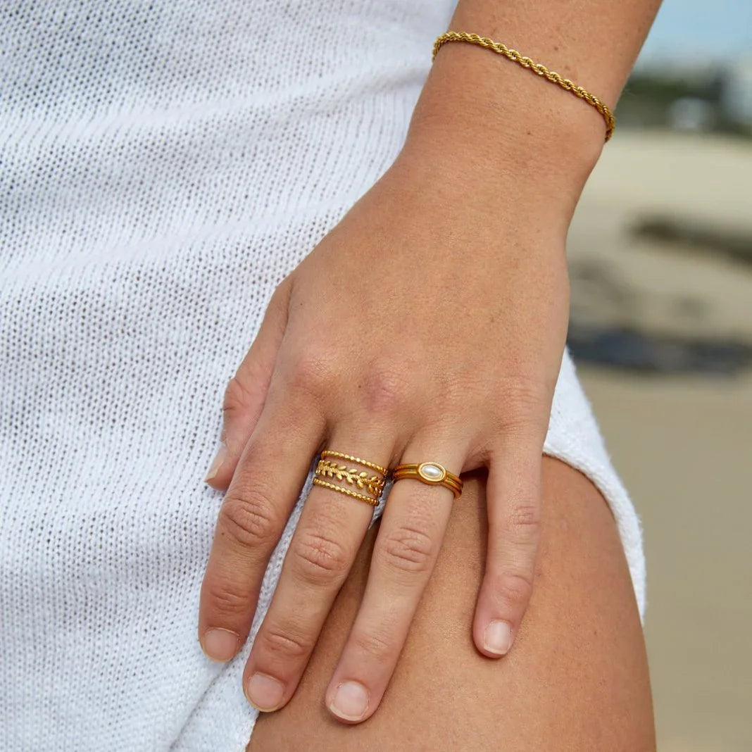 Gold chain bracelet on wrist, positioned above the hand