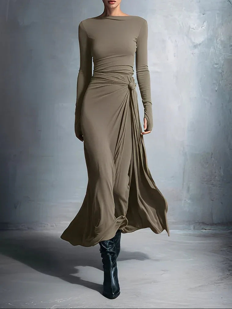 Khaki long-sleeve draped maxi dress with ruched waist and flowing side drape