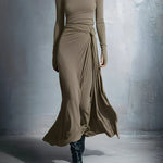 Khaki long-sleeve draped maxi dress with ruched waist and flowing side drape