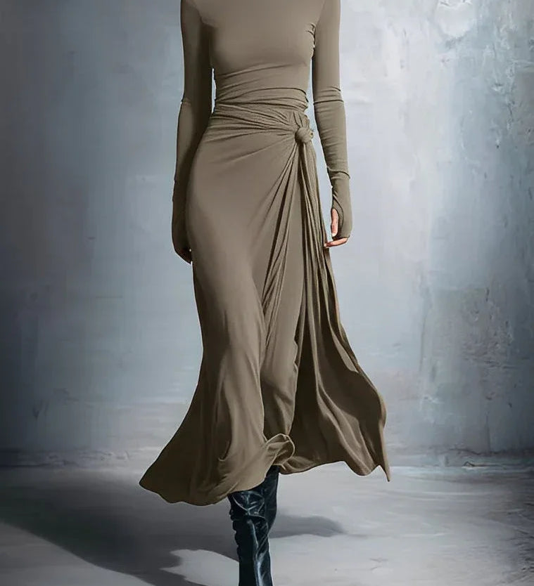 Khaki long-sleeve draped maxi dress with ruched waist and flowing side drape