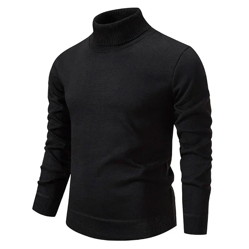 Black turtleneck sweater with ribbed collar and cuffs, long sleeves