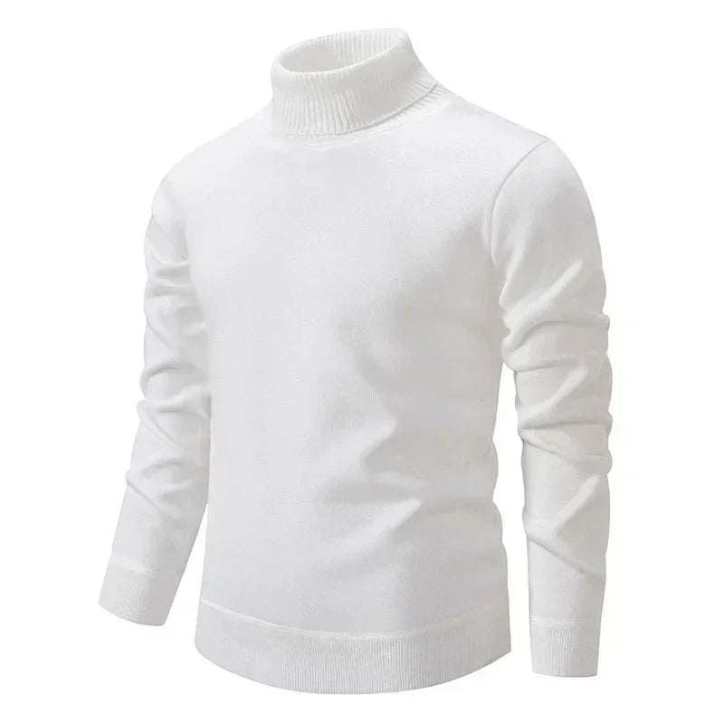 White turtleneck sweater with ribbed collar and cuffs, long sleeves