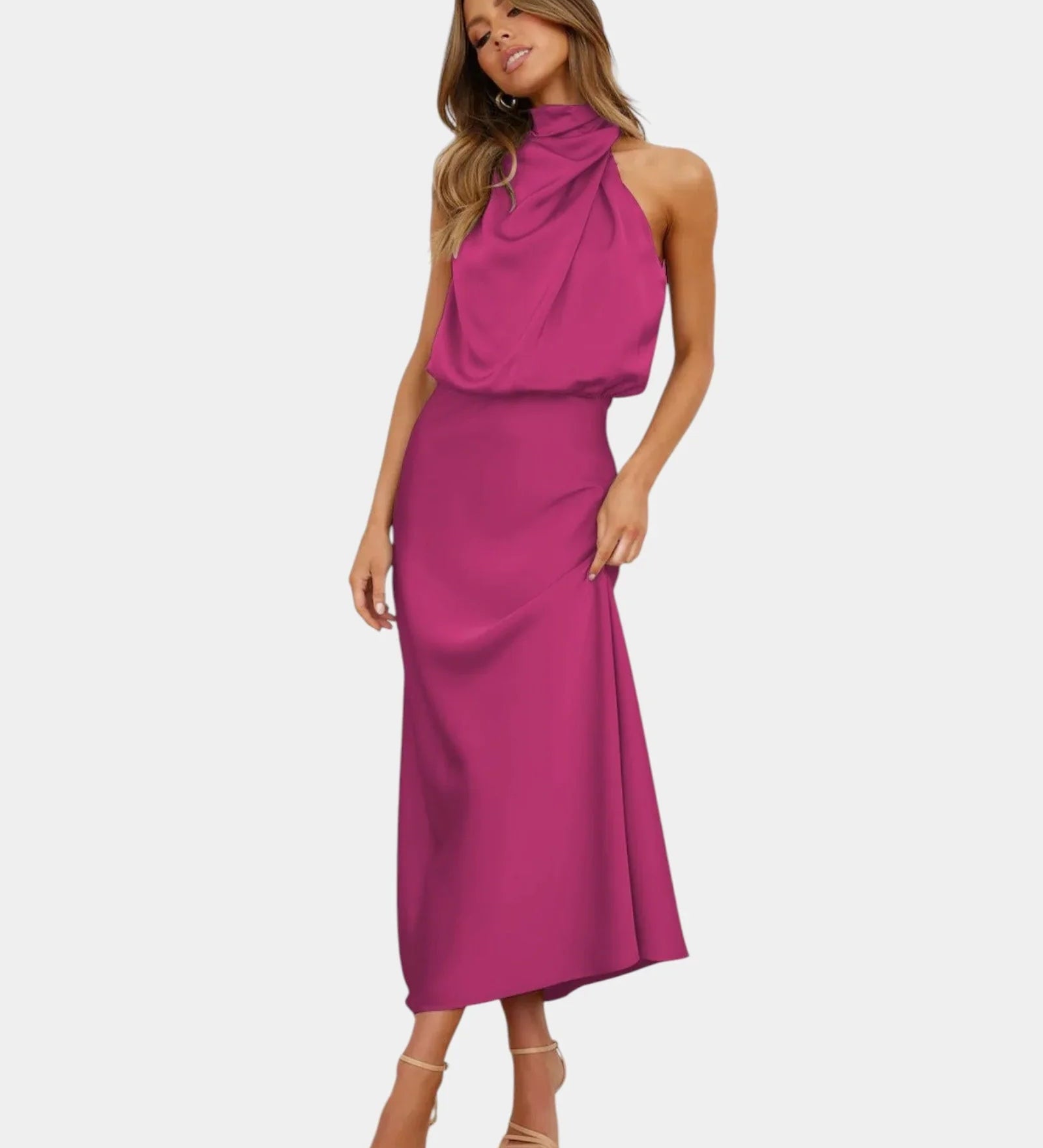 Fuchsia halter-neck draped satin midi dress with side slit