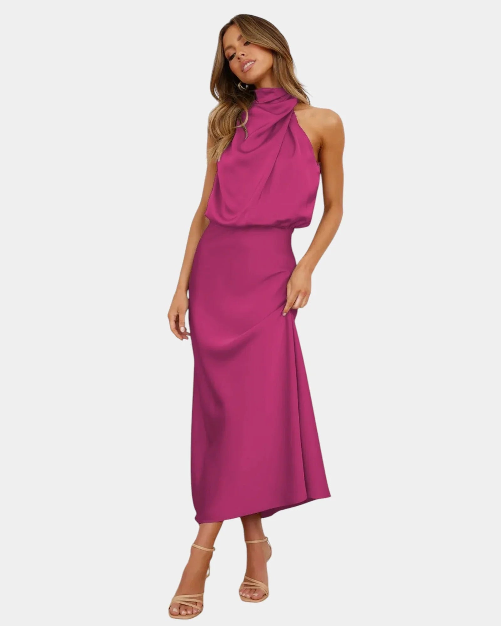 Fuchsia halter-neck draped satin midi dress with side slit