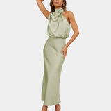 Light green halter-neck draped satin midi dress with gathered neckline