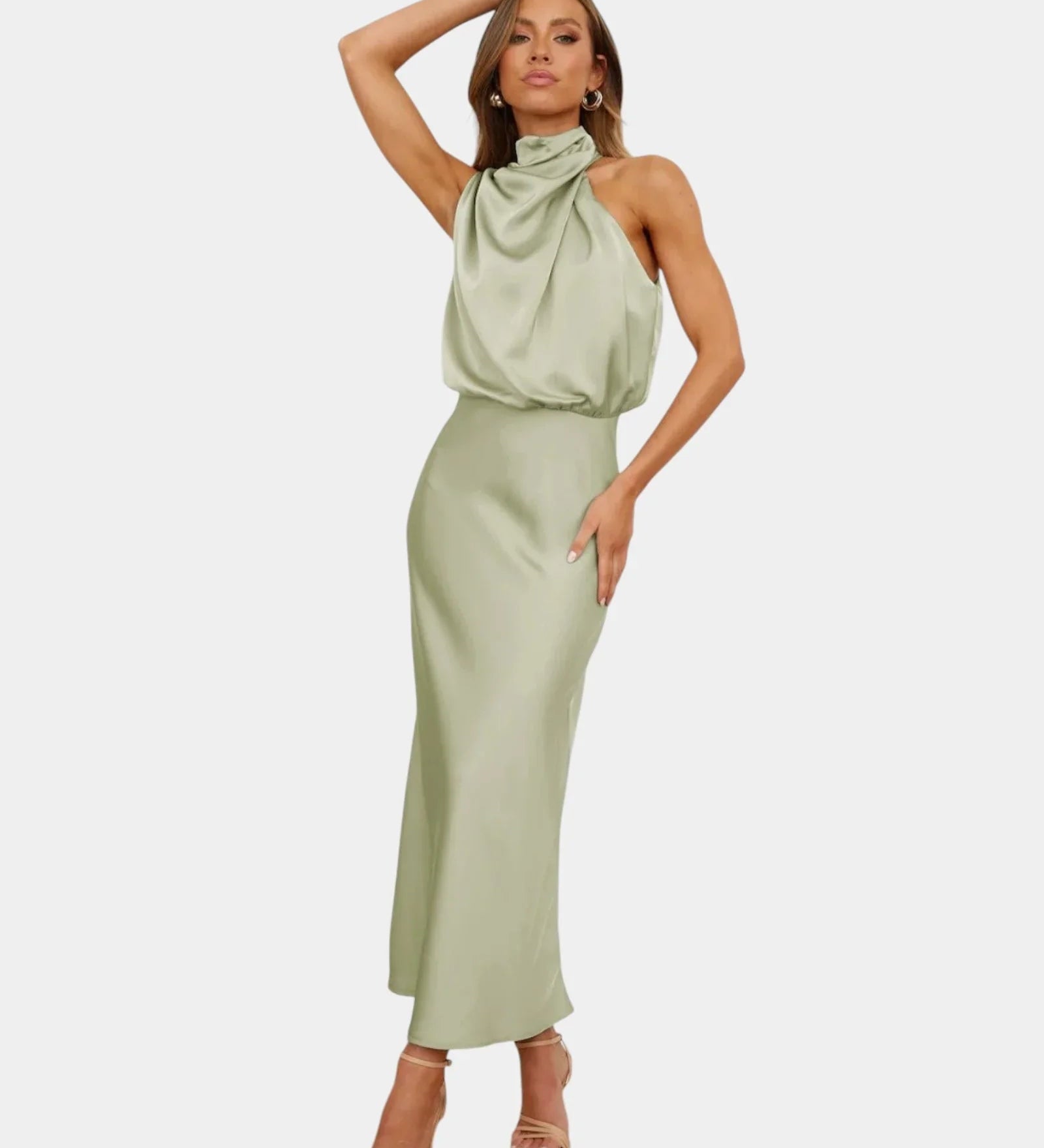 Light green halter-neck draped satin midi dress with gathered neckline