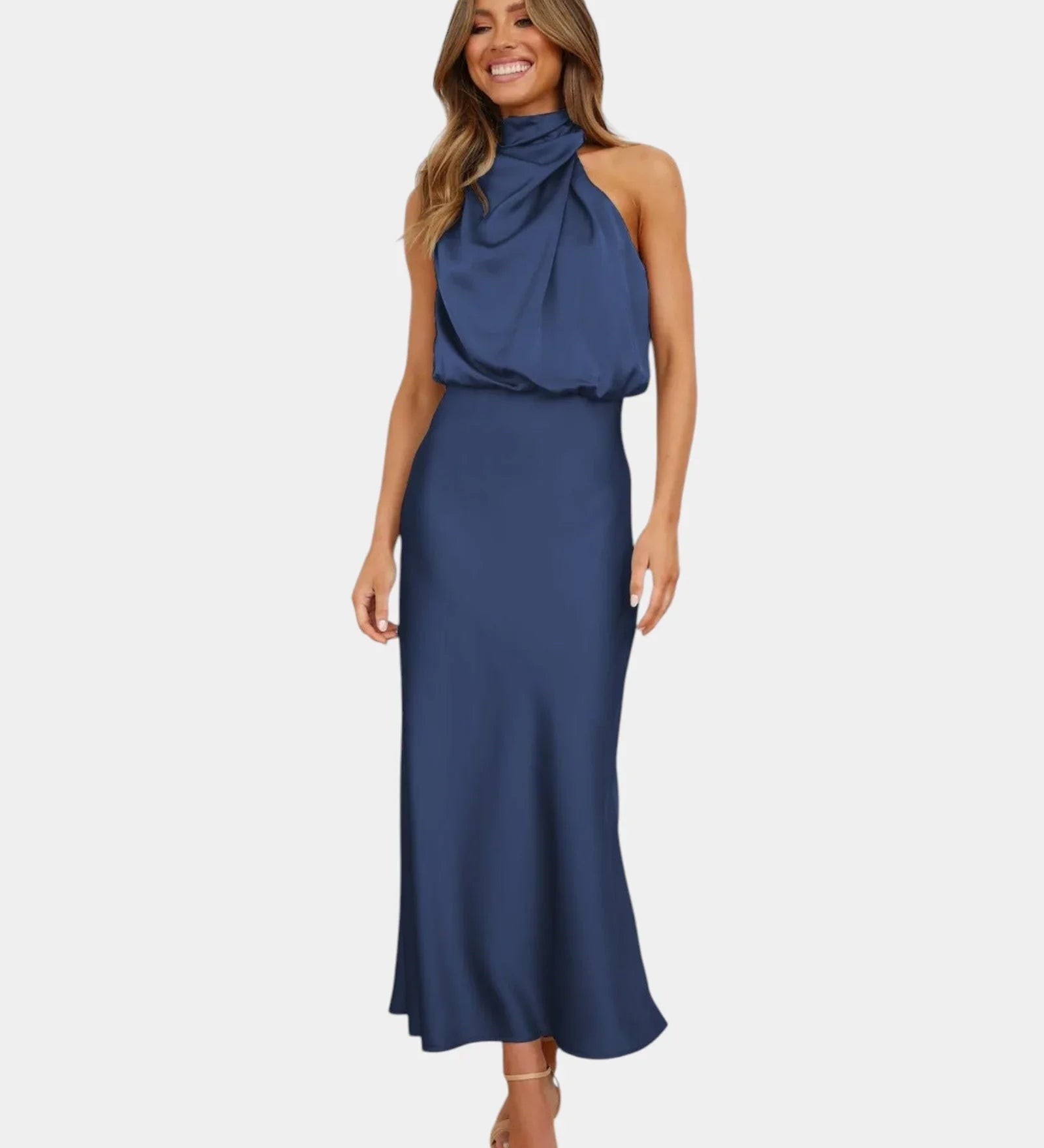 Blue halter-neck draped satin midi dress with gathered neckline