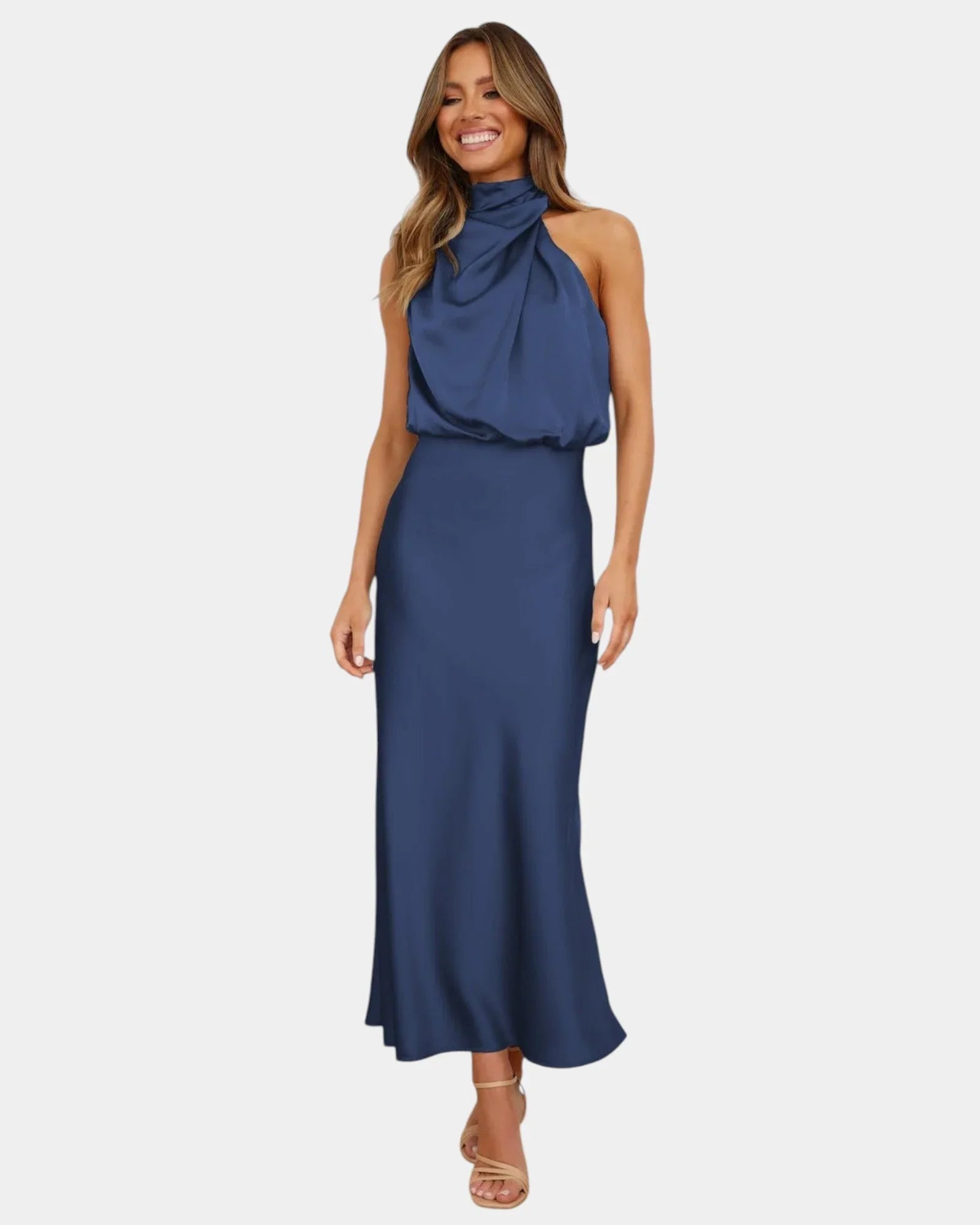 Blue halter-neck draped satin midi dress with gathered neckline