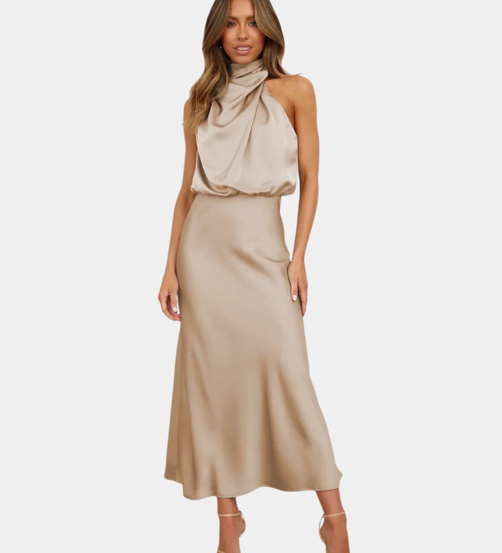 Beige halter-neck draped satin midi dress with cowl neckline